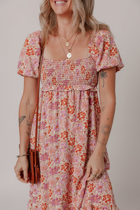 Pink Floral Square Neck Knotted Ruffle Midi Dress